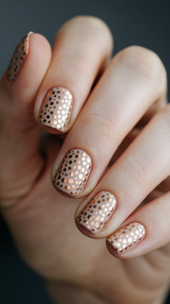 Mini Metallic Polka Dots: Use a nude base and add metallic dots like gold, silver, or rose gold for a subtle sheen.
