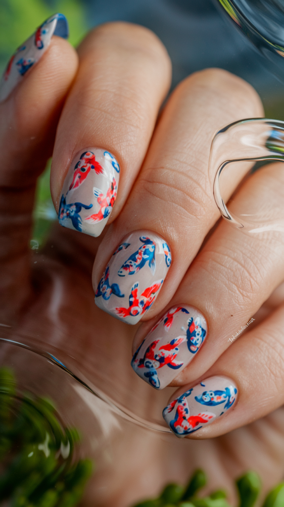 Koi Fish Designs: Nails with vibrant koi fish swimming across multiple fingers, enhanced with ripple effects.