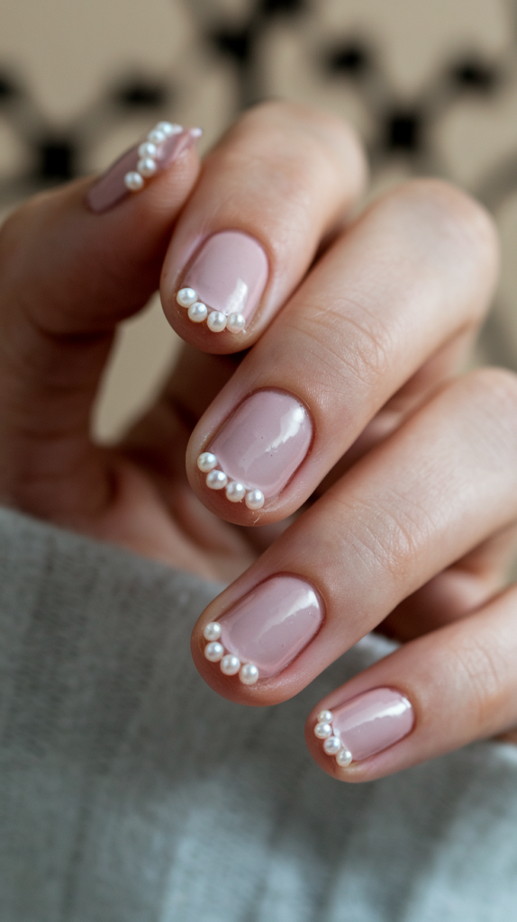 Soft pink nails adorned with small pearl accents at the cuticle, creating a luxurious and elegant design.