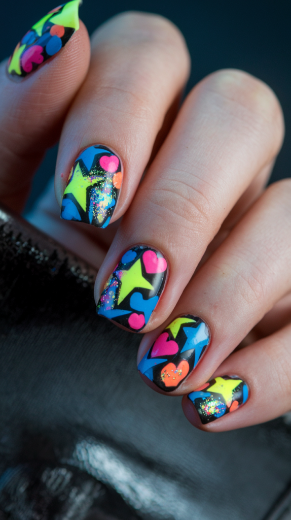 Harajuku Pop Nails: Bold, neon-colored nails with layered stickers, stars, glitter, and playful patterns.
