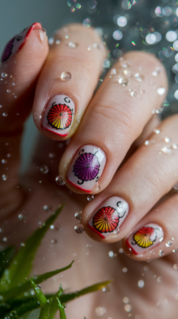 Wagasa Umbrella Art: Hand-painted nails featuring vibrant traditional Japanese umbrellas with raindrop accents.
