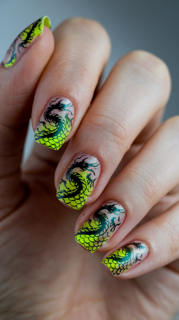 Neon Dragons – Nails featuring glowing dragon silhouettes spanning multiple fingers.