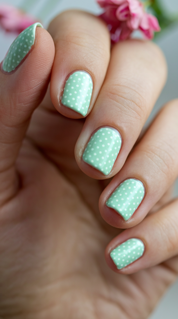 Light mint green nails covered with small, evenly spaced white polka dots