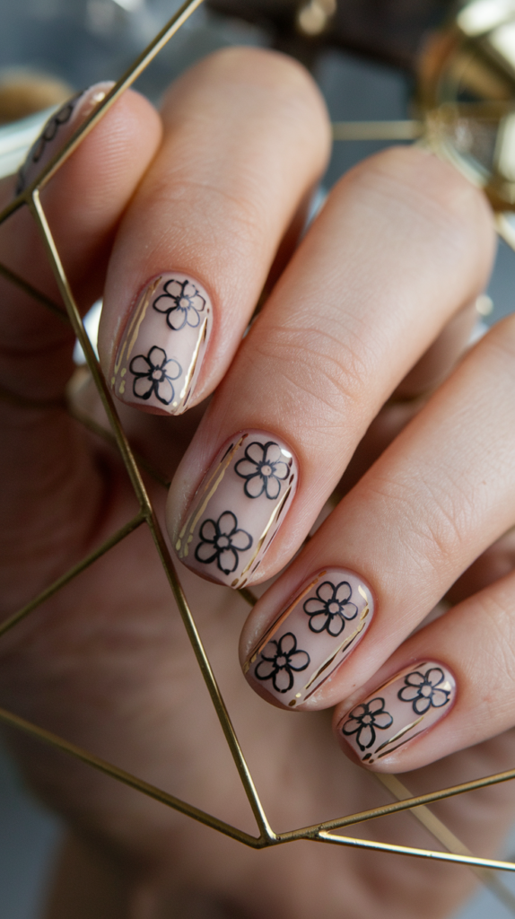 Nude nails adorned with simple black floral designs and gold geometric borders, blending nature and structure in an Art Deco style.
