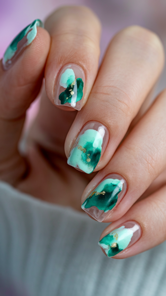 Abstract watercolor splash design on green nails with hints of white and gold