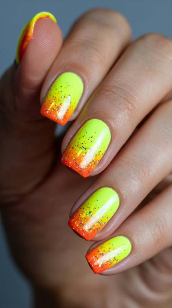 Neon glitter fade nail art with yellow to orange ombre and sparkling glitter tips.