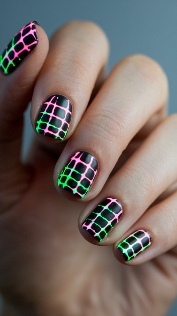 UV Glow Grid – Black nails with glowing neon pink and green grid patterns under UV light