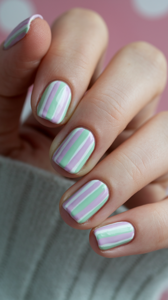 Pastel Stripes Nails – Nails with alternating pastel lilac, mint, and pink stripes, creating a fun and playful pattern