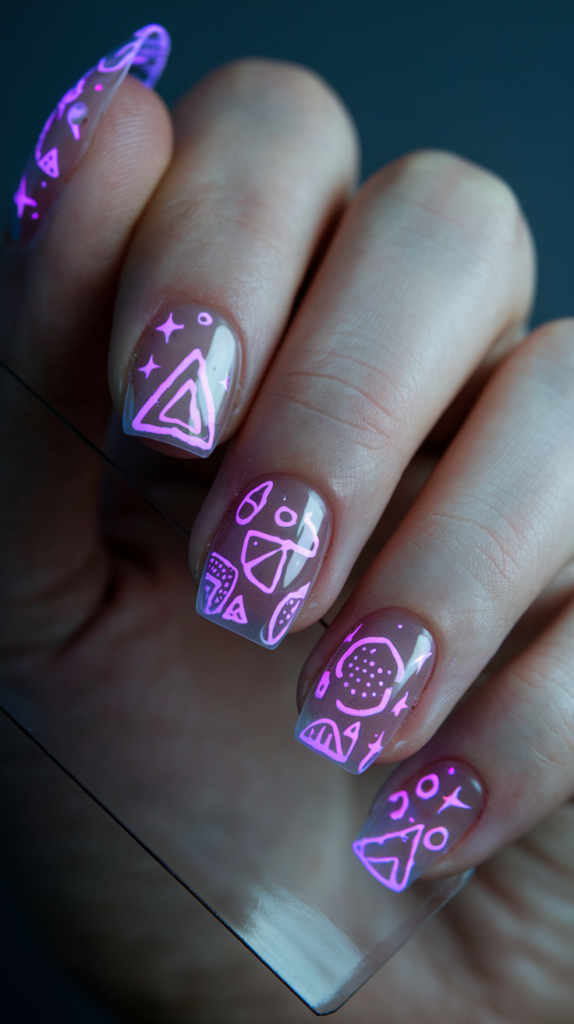 UV Reactive Symbols – Clear nails with hidden symbols that glow under UV light.
