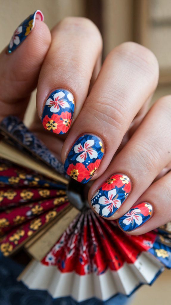 Japanese Fans And Patterns: Nails featuring colorful fans with floral and geometric patterns inspired by traditional Japanese art.
