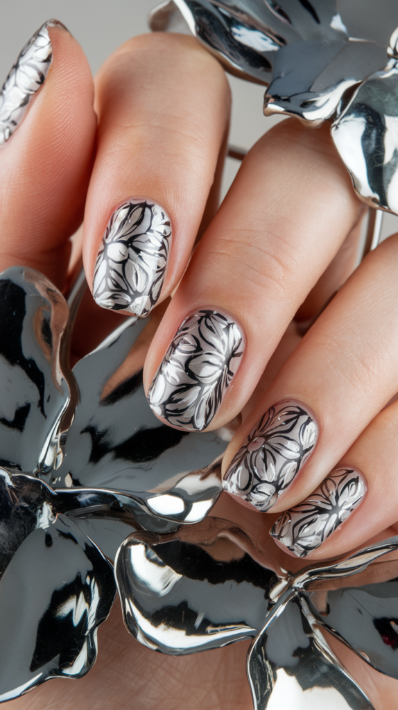 Chrome nails featuring hand-painted floral accents for a blend of modern and natural beauty