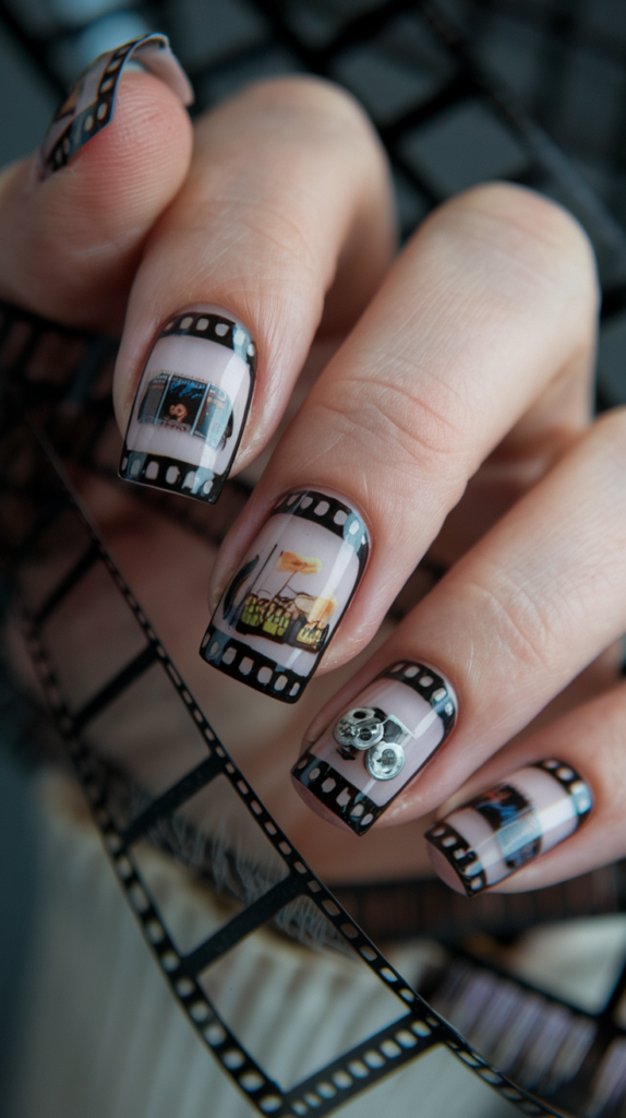 Nails with black and white film reel patterns, complete with sprocket holes.

