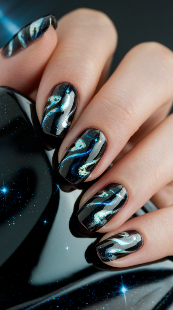 Galaxy-inspired chrome nails with swirling patterns of metallic navy, black, and silver.