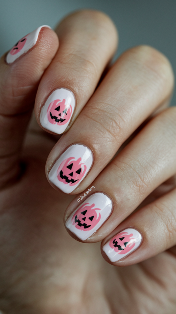 Light pink nails with cute pumpkin faces painted in coral-pink shades, offering a playful Halloween twist.

