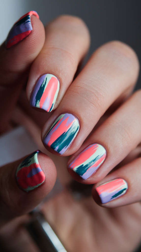 Bold smudged brushstrokes in coral, teal, and lavender on a matte white base for a messy, artistic look.