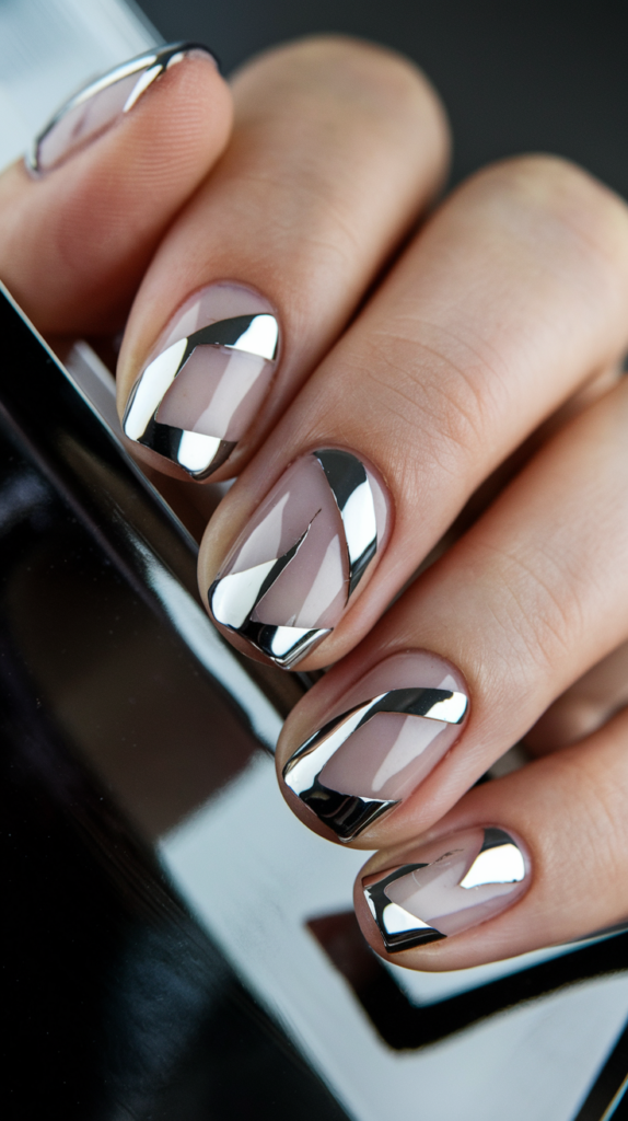 Chrome nails featuring geometric negative space designs with parts of the natural nail exposed.

