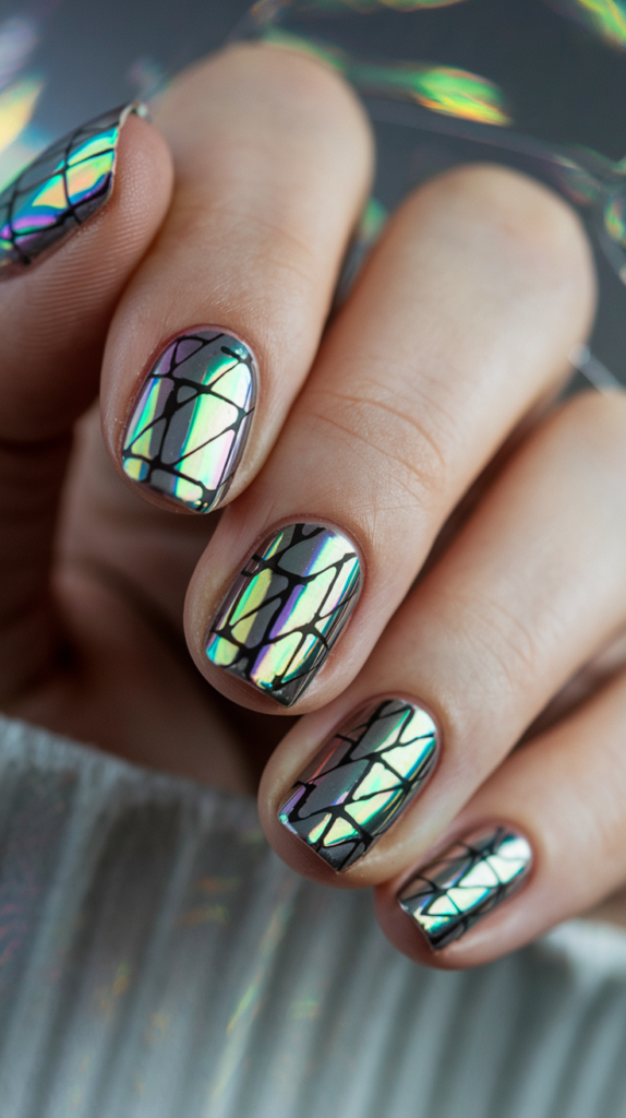 Holographic Lines – Chrome-finished nails with shimmering, iridescent linear designs shifting from green to purple