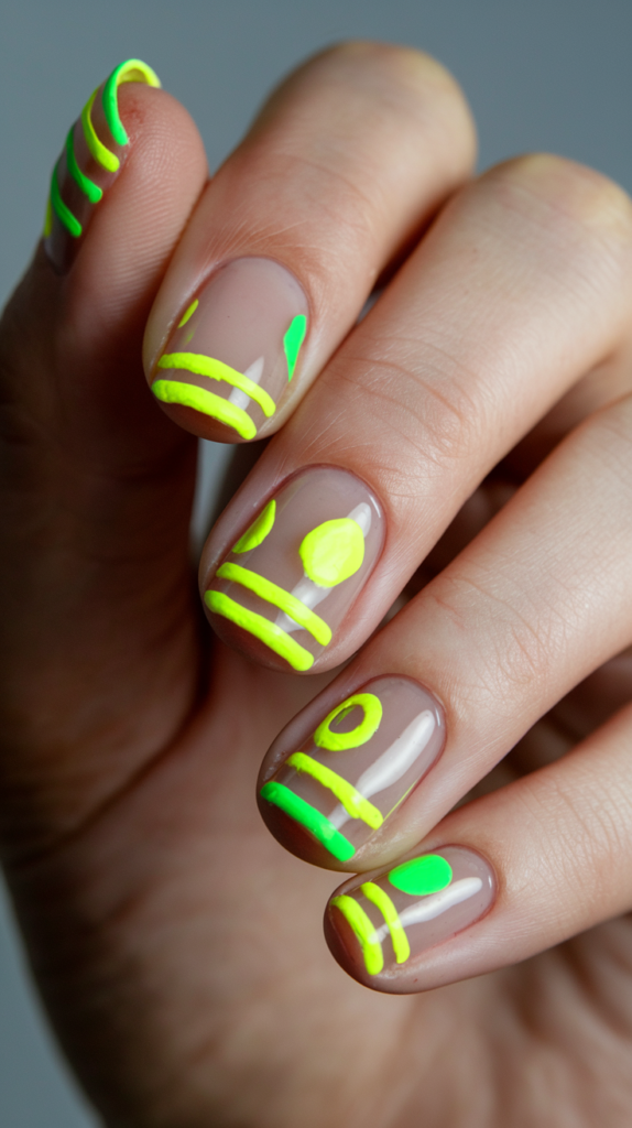 Neon negative space nail art with green and yellow shapes leaving parts of the nail bare