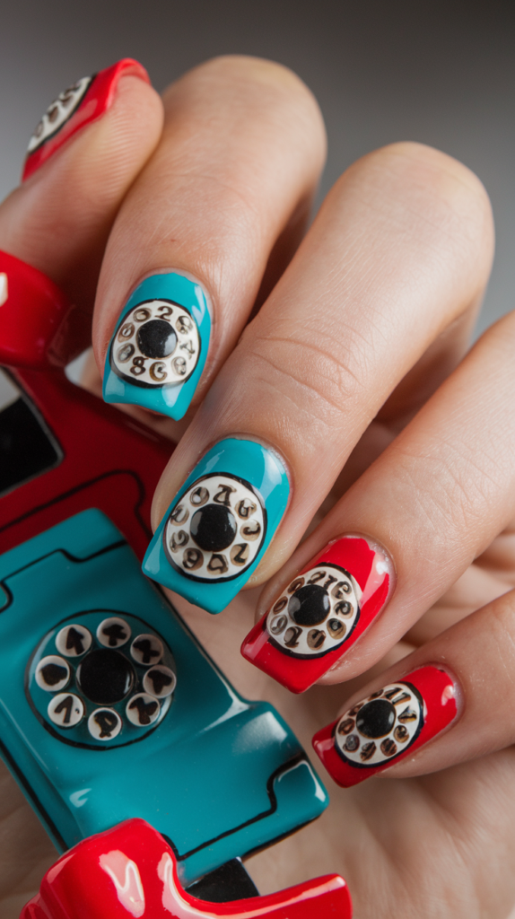 Nails with rotary phone designs in bold colors, including turquoise and red dials.

