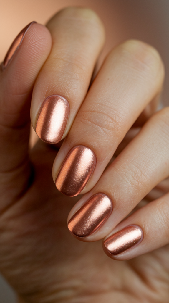 Elegant rose gold chrome nails with a soft, feminine metallic sheen."
