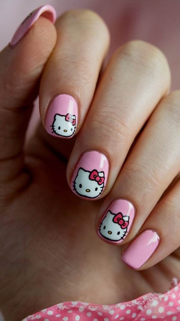 Hello Kitty Nails: Cute Hello Kitty faces with pink bows and heart accents on a pastel-colored nail base.
