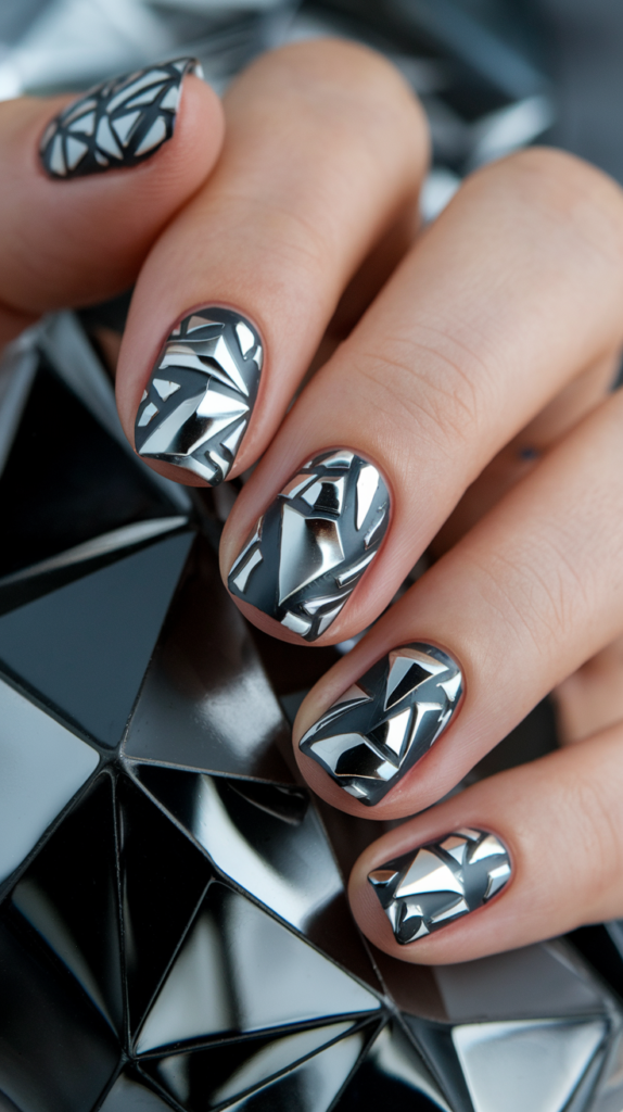 Matte black nails with silver chrome geometric patterns for a sleek, modern design.

