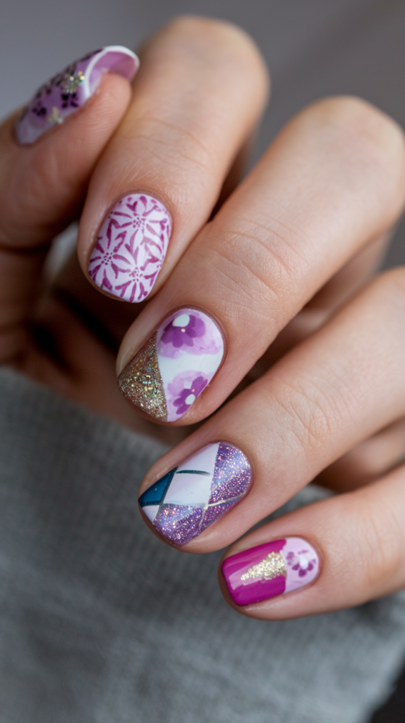 Purple Patchwork Nails – Each nail features a different purple design, including floral, glitter, matte, and geometric patterns for a unique, mixed look