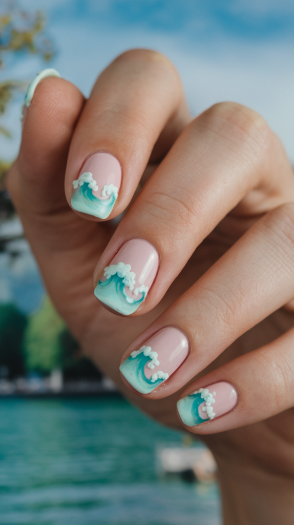 Soft pink nails with turquoise ocean wave patterns and white foam accents, perfect for a beach-inspired look.

