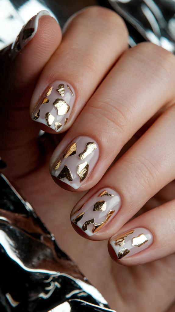 Clear or white nails with scattered pieces of gold foil, creating a luxurious, textured effect.
