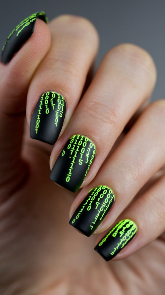 Binary Code Nails – Black nails with vertical rows of neon green binary numbers.
