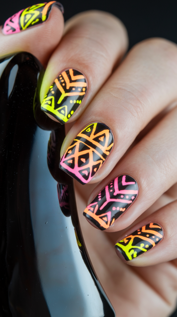 Neon tribal nail art featuring orange, yellow, and pink patterns on black