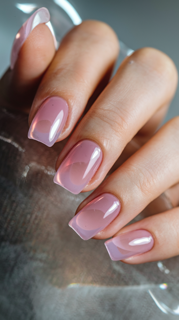 Nails featuring a translucent, jelly-like pink polish, giving a soft, milky sheen and glowing effect.

