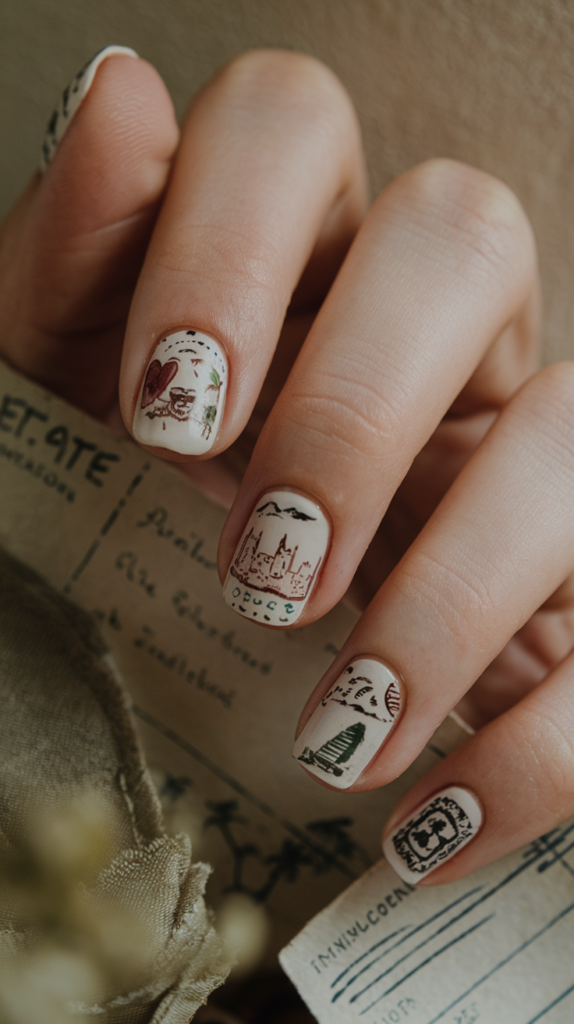 Nails with miniature hand-painted postcard stamps and travel motifs in muted tones.

