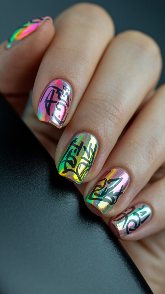 Nails featuring graffiti designs with holographic polish that shifts colors under light