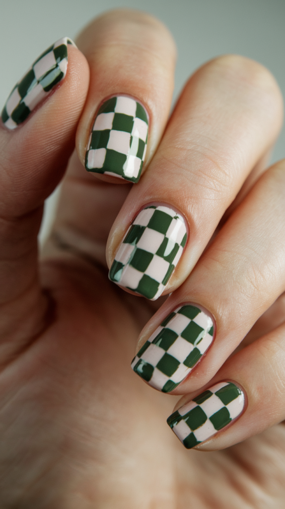 Checkerboard pattern nails with alternating light and dark green squares