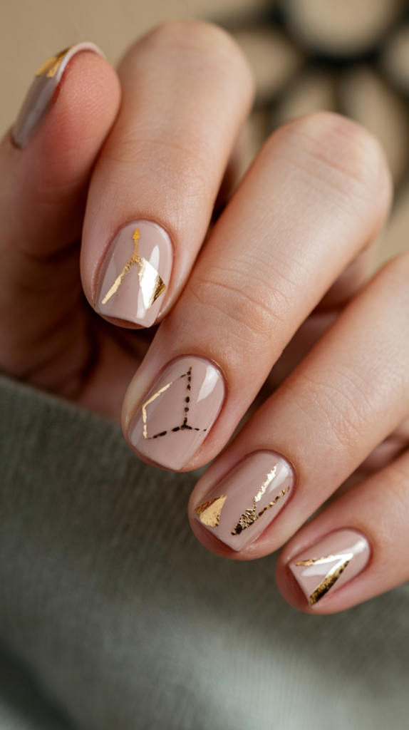 Nude nails adorned with sharp, geometric gold foil accents, offering a minimalist yet luxurious Art Deco-inspired design.
