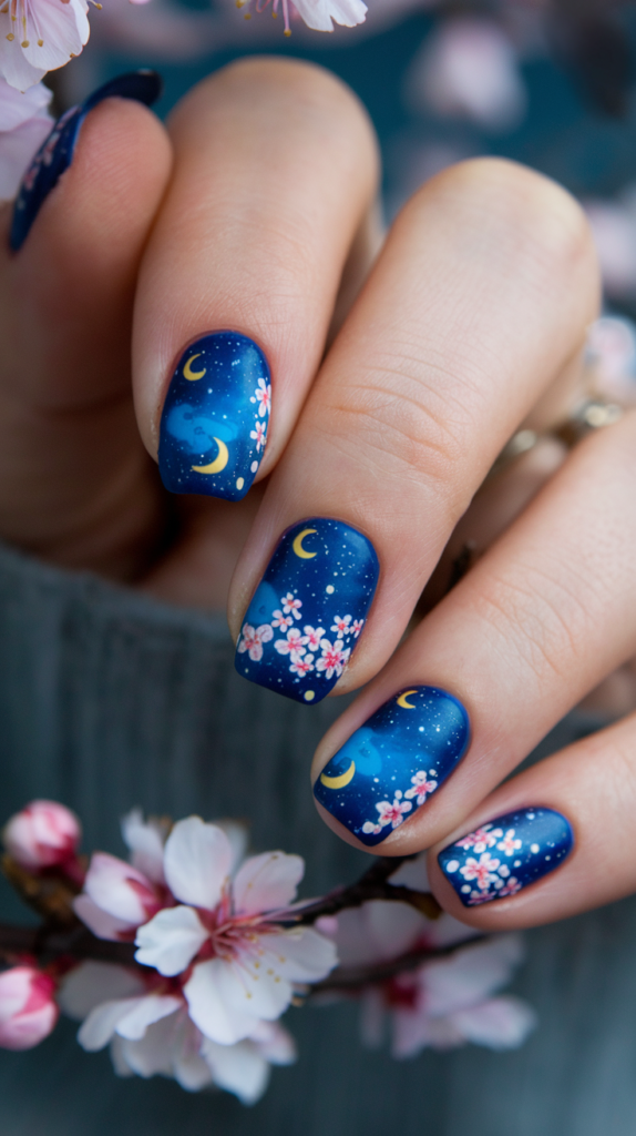 Moon And Cherry Blossom Combo: Nails with crescent moons and sakura petals on a dark night-sky background.
