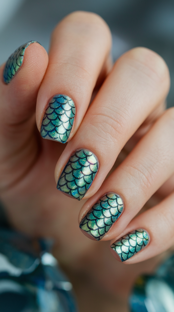 Blue Mermaid Scales – Iridescent blue-green shimmer with mermaid scale patterns.
