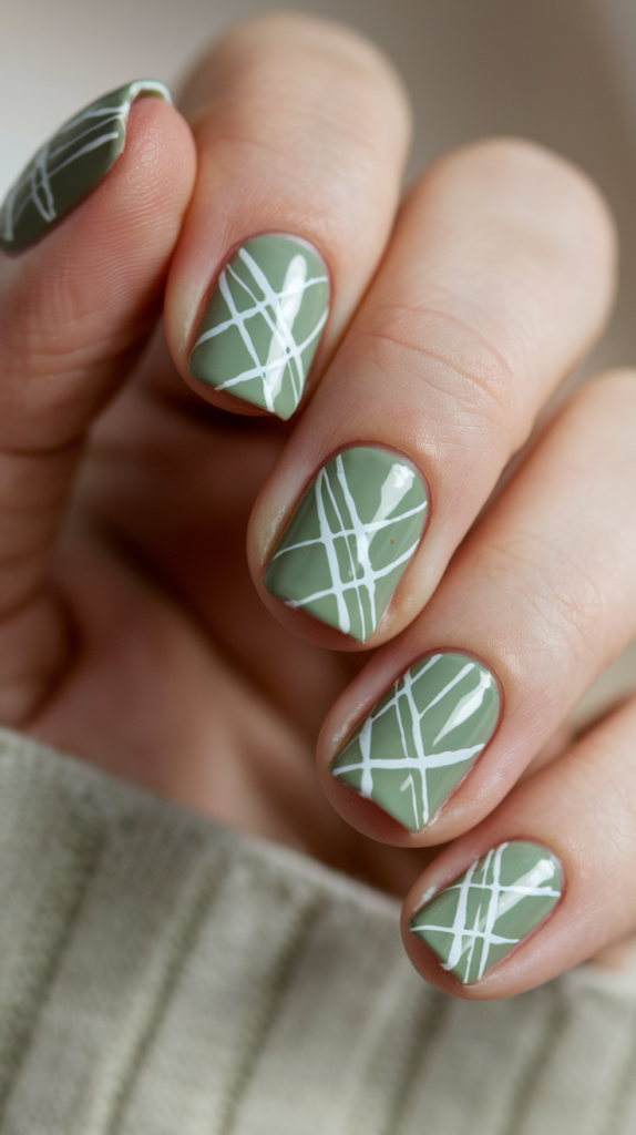 Sage green nails featuring sharp white geometric lines and shapes