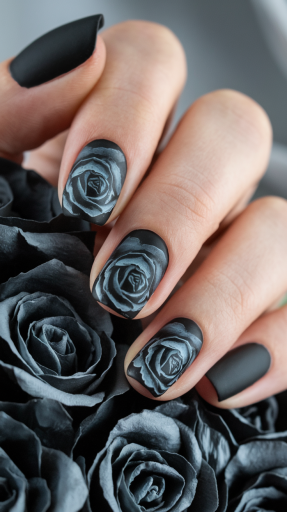 3D black roses on matte black or nude nails