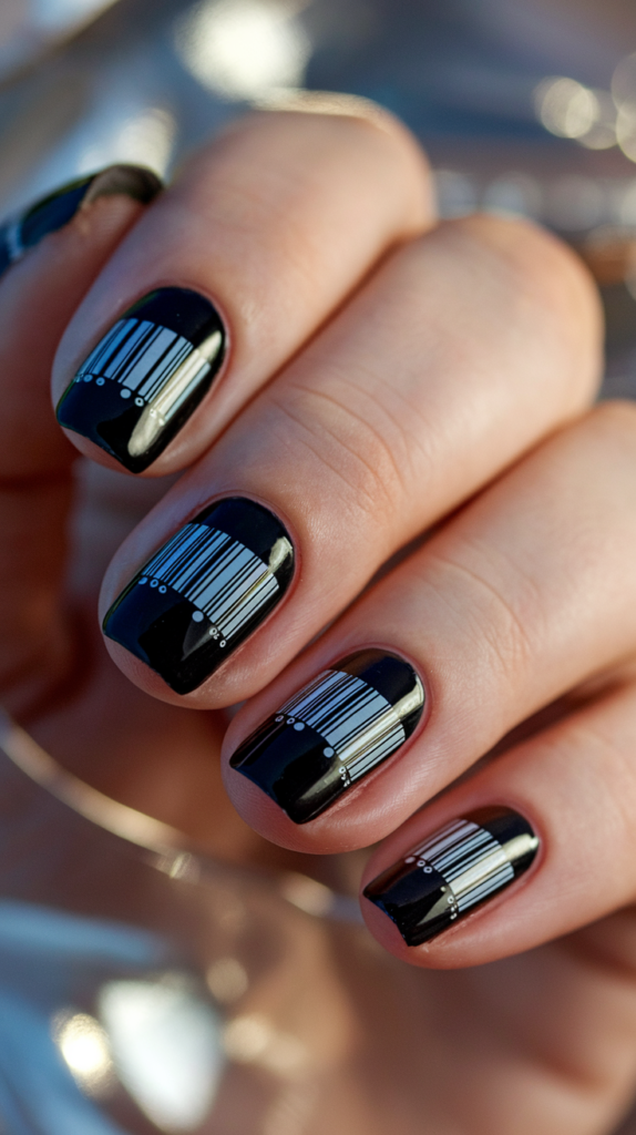 Black-and-white checkerboard patterns with glossy and matte finishes, alternating across nails