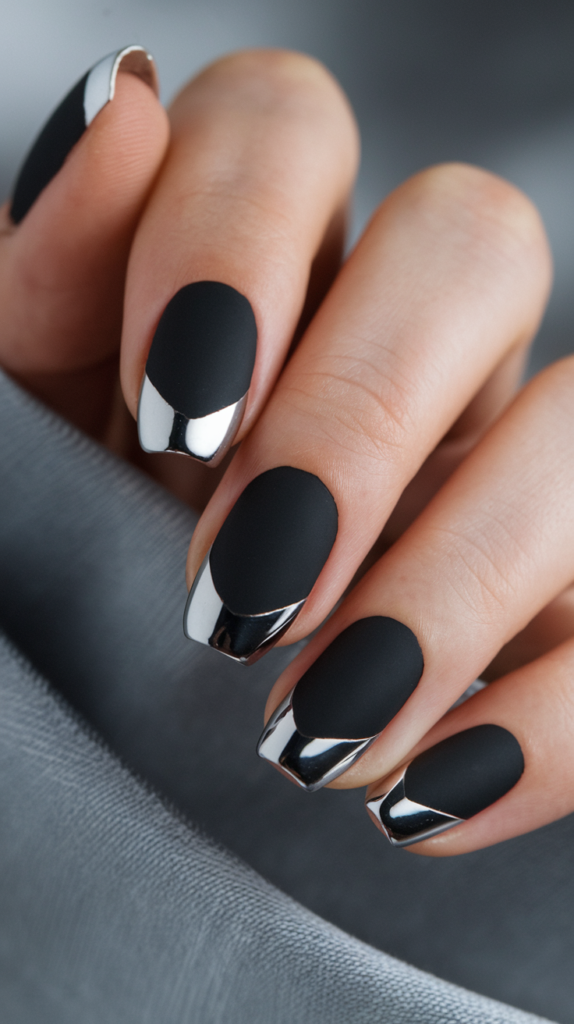 Matte black nails with sleek chrome tips, offering a modern and edgy design