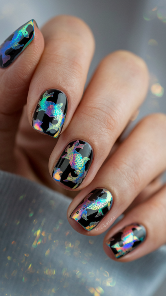 Koi Fish Hologram – Black nails with iridescent koi fish patterns that change colors under light.
