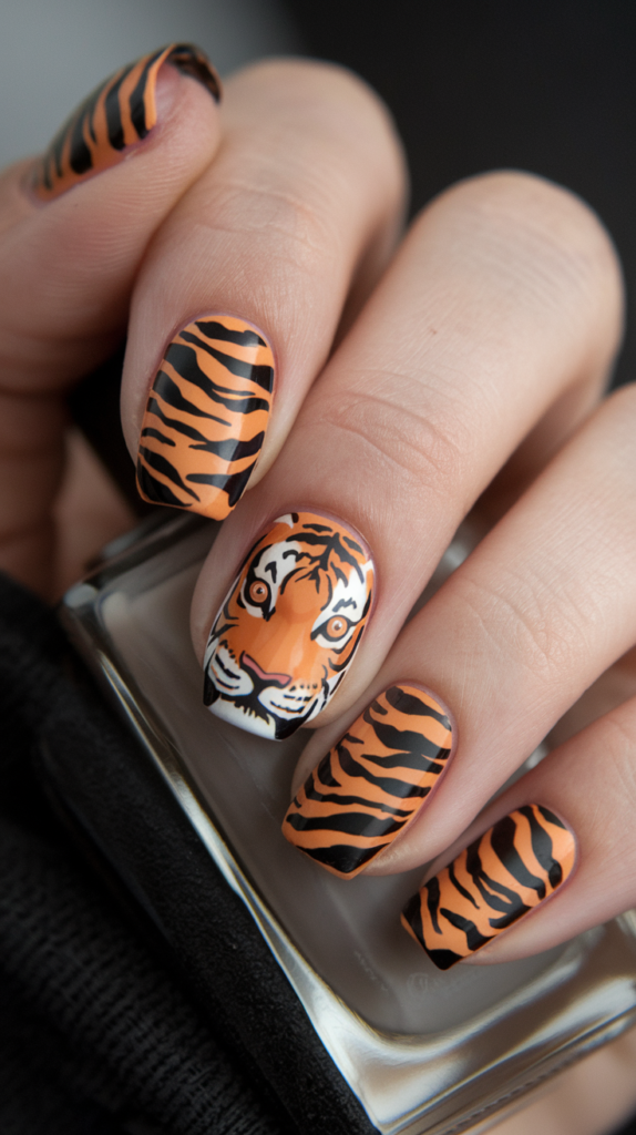 Bold tiger face nail accent paired with sharp, black tiger stripes on orange nails