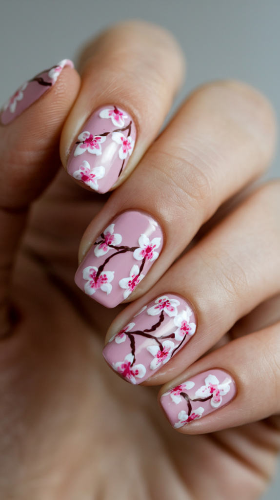 Light pink nails featuring delicate cherry blossom art, with petals and branches hand-painted across the surface.

