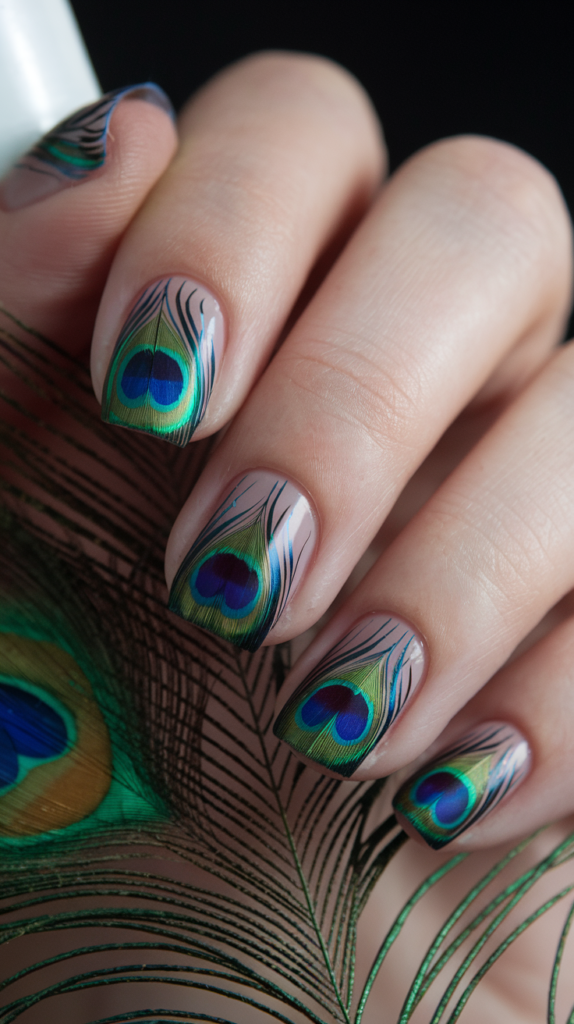 Vivid peacock feather-inspired nails in shades of blue, green, and gold with detailed feather patterns