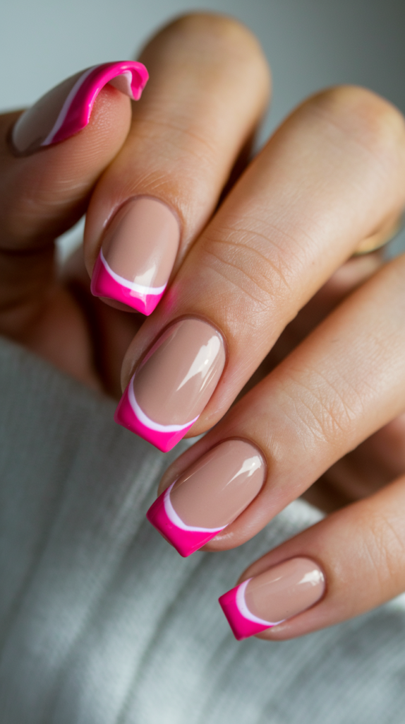 Modern French manicure with sheer nude base and vibrant pink tips, offering a playful twist on the classic design.

