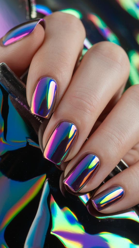 Chrome nails with a holographic effect shifting colors from purple to green in different lighting