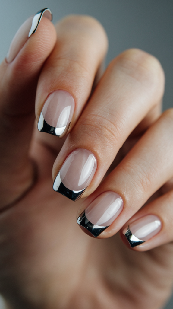 Futuristic French Tips – Clear base nails with black chrome tips, adding a futuristic twist to a classic French manicure.
