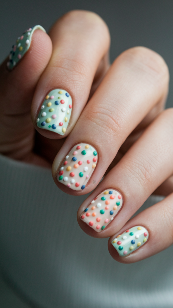 Candy Dot Nails: Use pastel or neon dots to mimic the look of candy sprinkles.